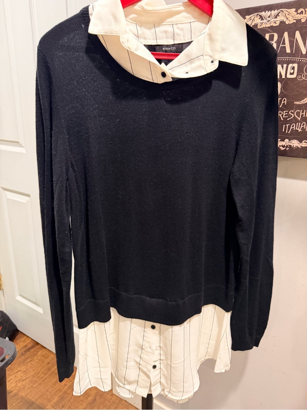 RW&CO. Black Sweater with White Striped Shirt Detail